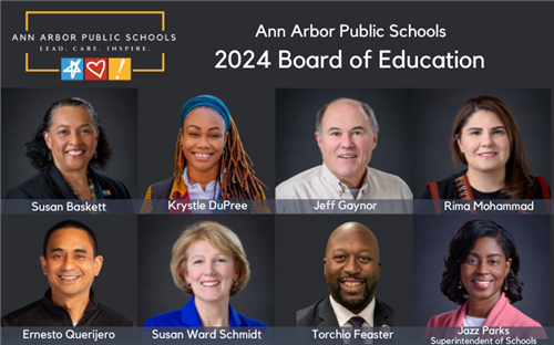 Head shots of the seven members of the Board of Education and Superintendent Jazz Parks